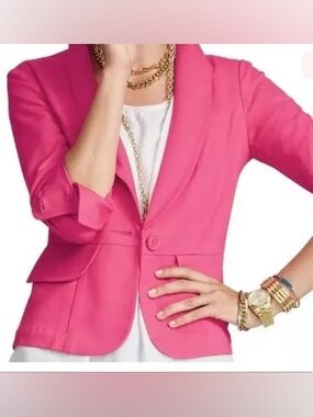 CAbi Power Pink Peplum Cotton Blazer Jacket Crop Barbie 3/4 Sleeve 8